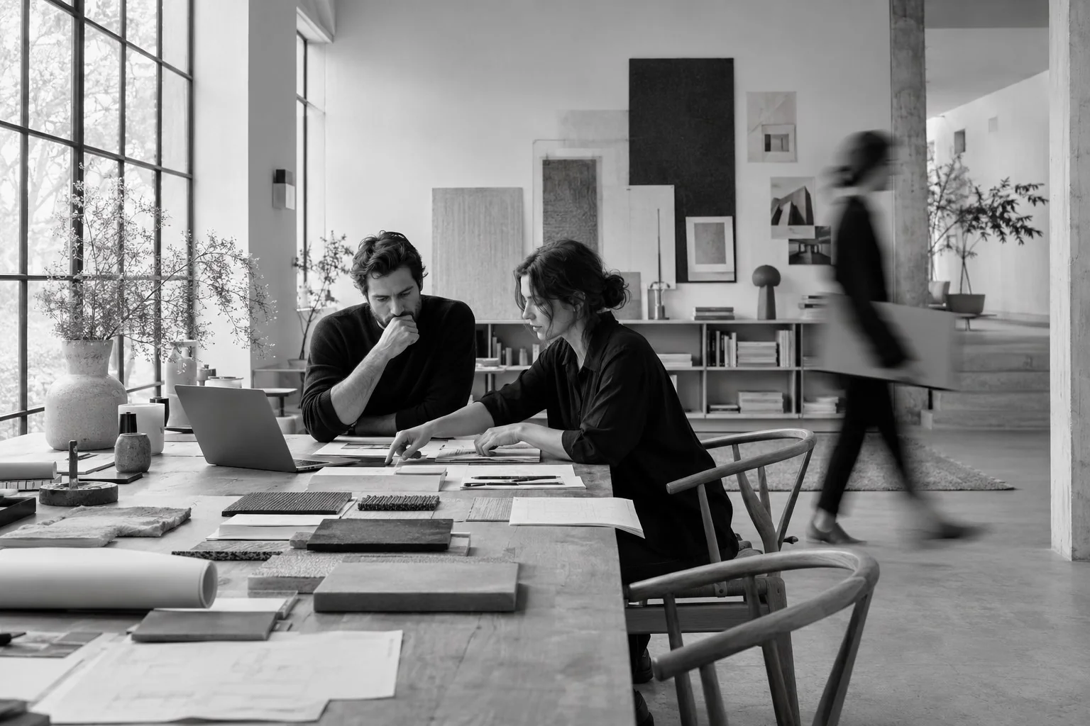 AI-created minimalist creative studio with designers collaborating around a table